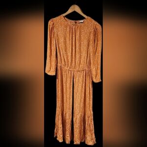 A New Day~Tiered~Orange~Elastic Waist~Pink Floral~Midi Dress~Size S~Boho